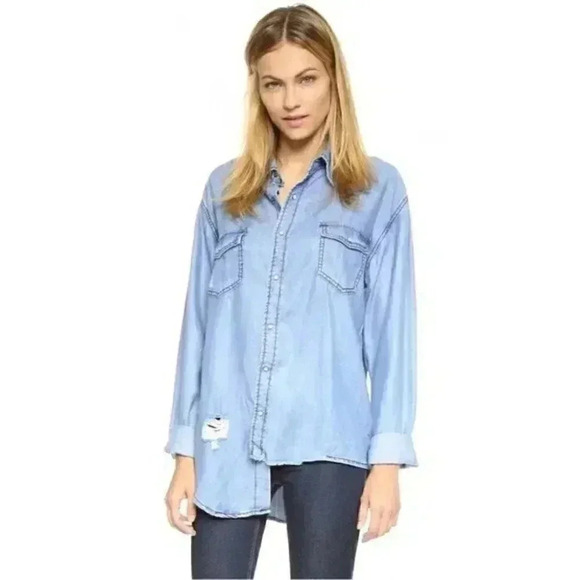 [S]One X Oneteaspoon Dallas Tencel Liberty JeanShirt Snap Button Down Distressed - Picture 1 of 9